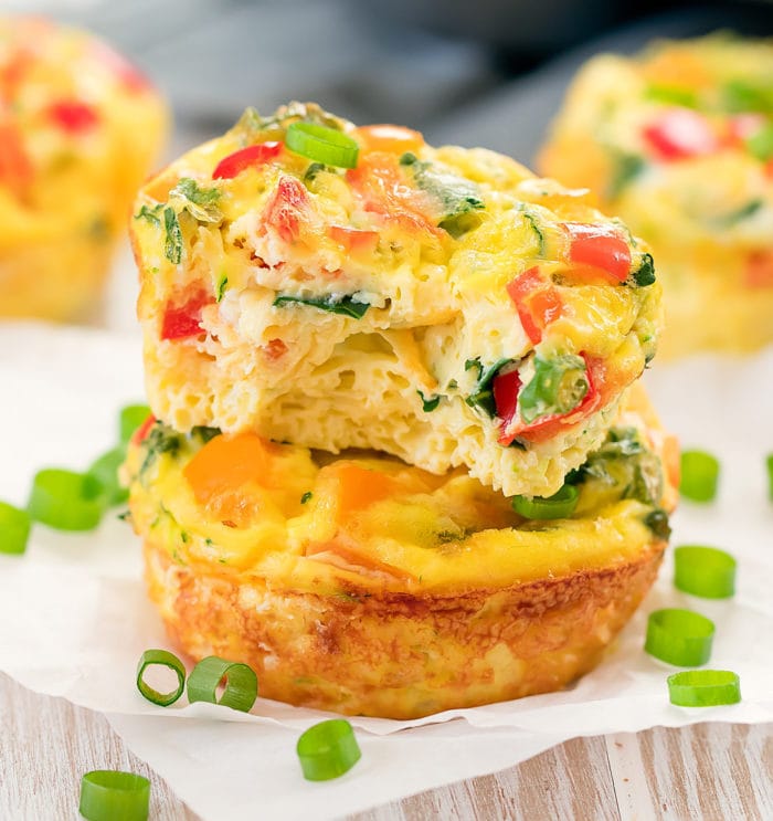 close-up photo of a stack of two omelet muffins
