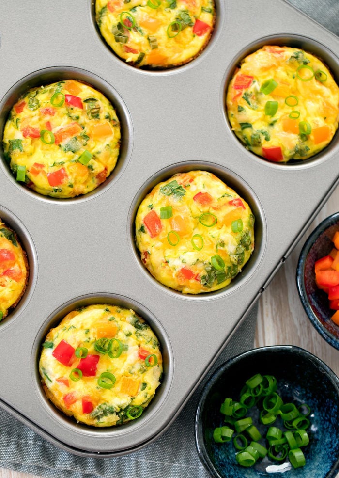 overhead photo of omelet muffins in a muffin pan