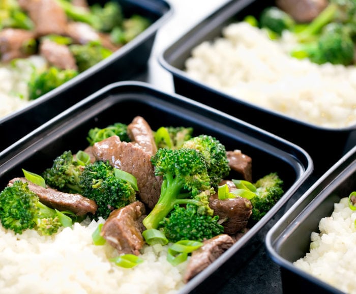 close-up shot of the keto beef and broccoli in a container.