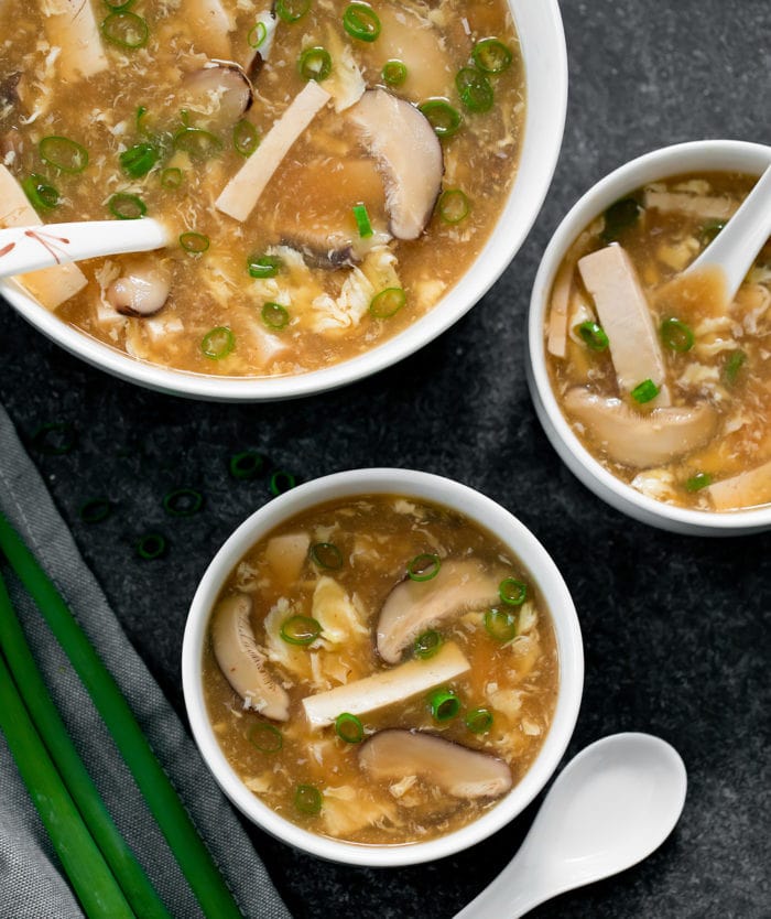 overhead photo of bowls of hot and sour soup