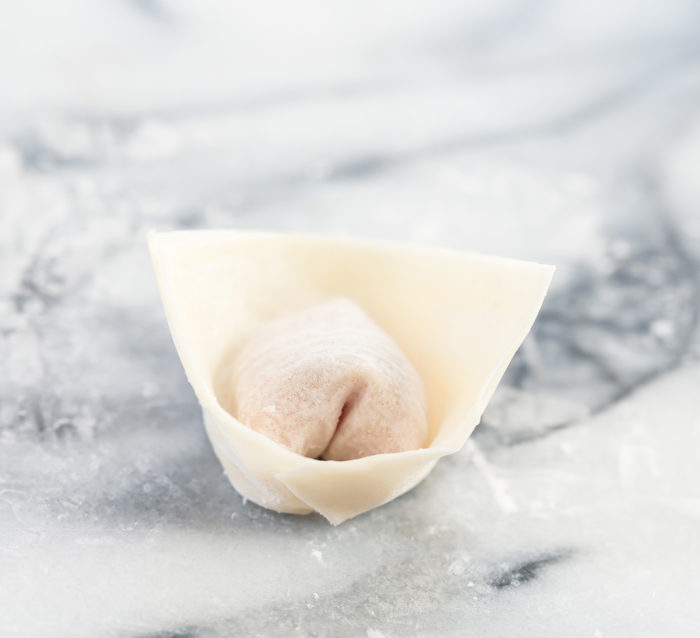 photo of a wonton folded and ready to be cooked