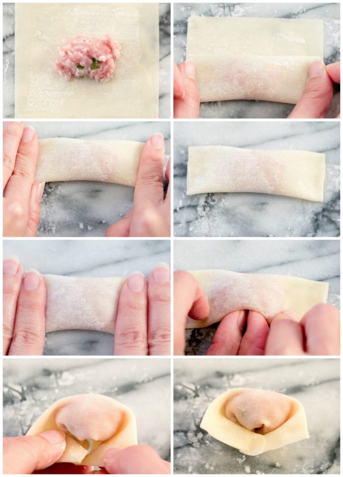 step by step process photo showing a different way to fold the wontons