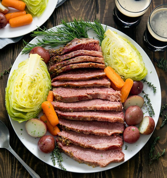overhead describe of sliced corned beef with cabbage, potatoes and carrots  Instantaneous Pot Corned Crimson meat instant pot corned beef 4a 700x746