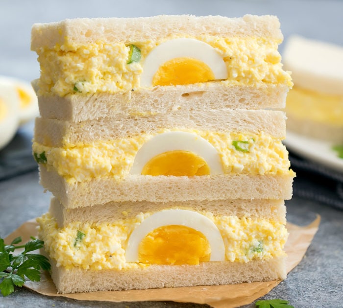 close-up photo of a stack of Japanese Egg Salad Sandwiches