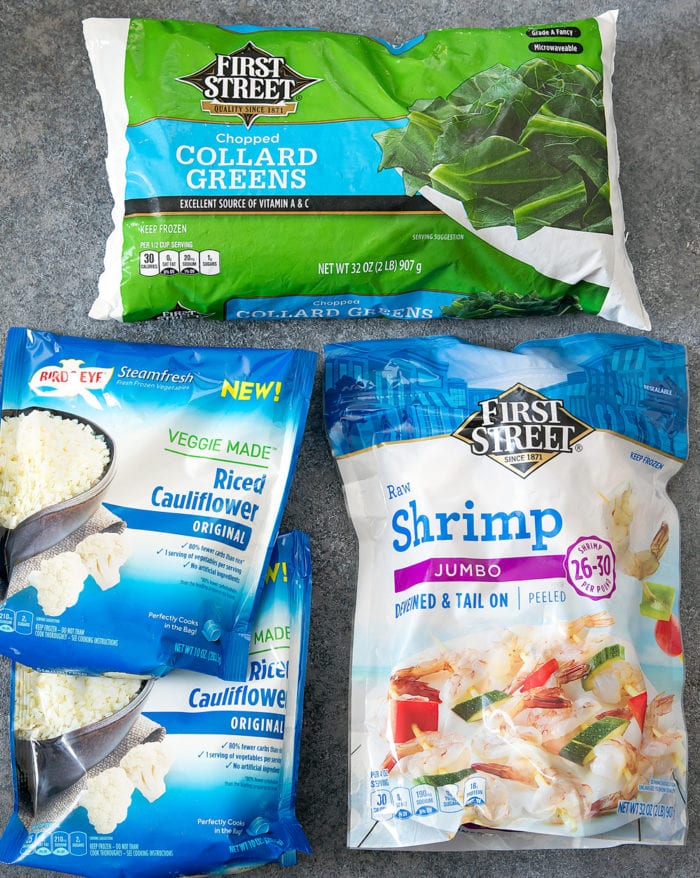 photo of packages of frozen collard greens, riced cauliflower and shrimp