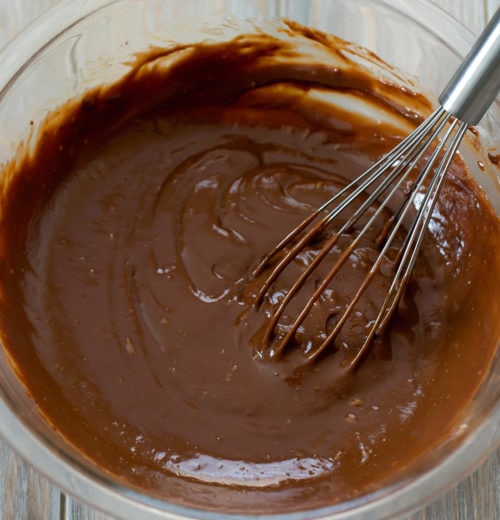 photo of a bowl of chocolate cheesecake batter