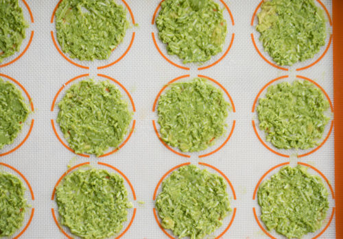 overhead photo of the avocado chip batter on a silpat
