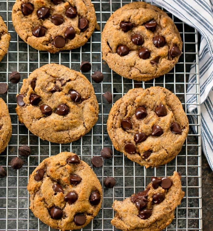 overhead photo of chocolate chip cookies on a baking rack