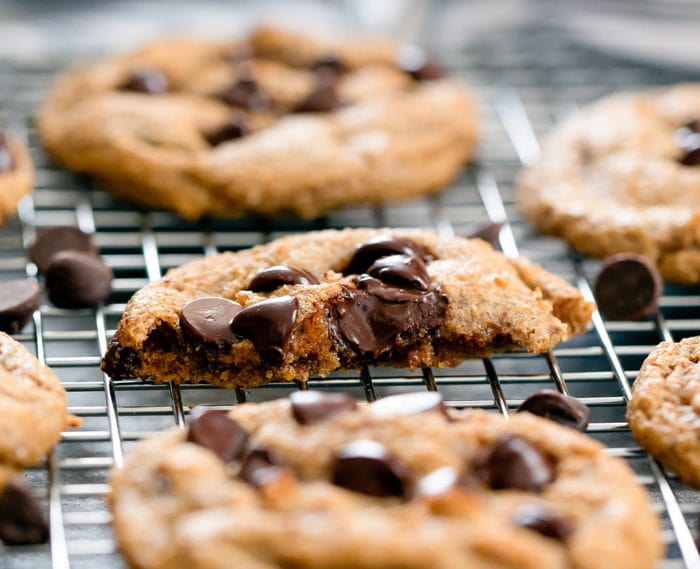 close-up photo of a half of a cookie on a baking rack