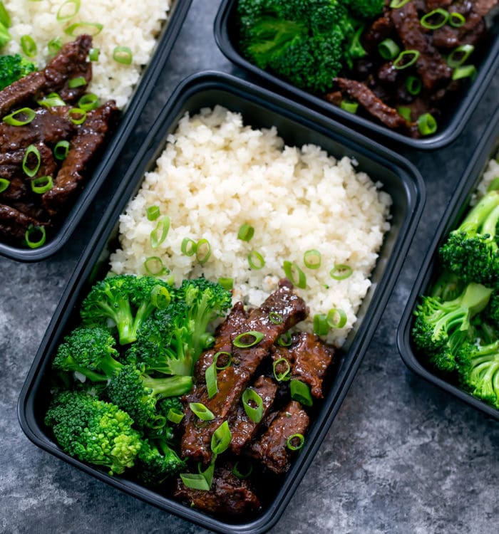 overhead photo of a container with Mongolian Beef