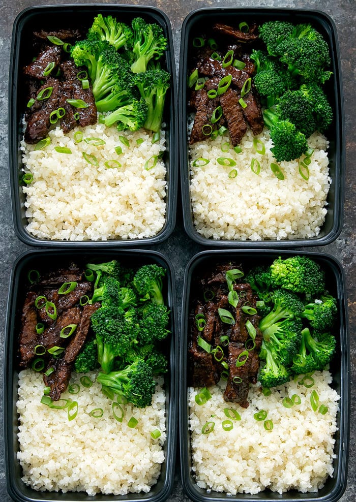 overhead photo of four containers of Mongolian Beef