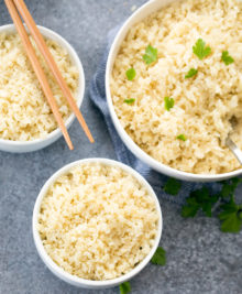 overhead photo of bowls of cauliflower rice