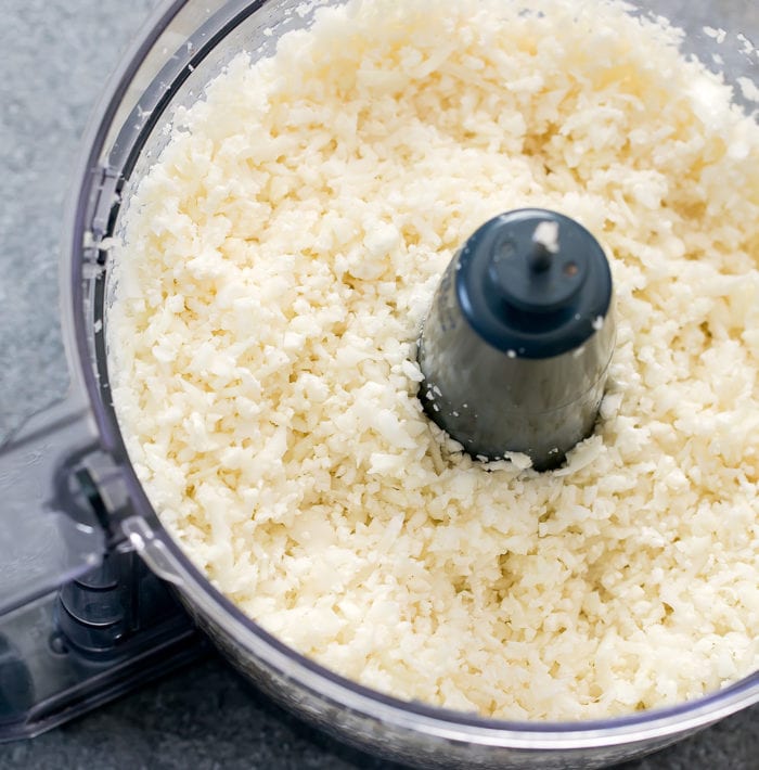 photo of cauliflower rice in a food processor
