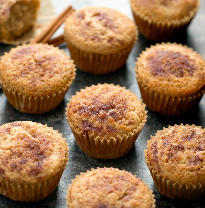 close-up photo of snickerdoodle muffins lined up 