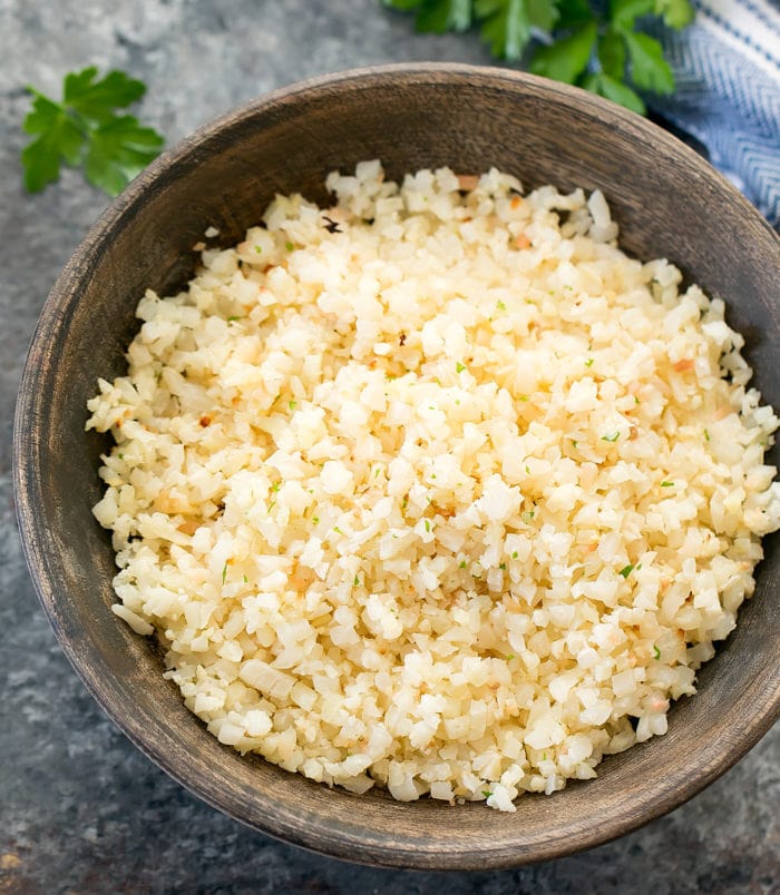 overhead photo of a bowl of Garlic Roasted Cauliflower Rice