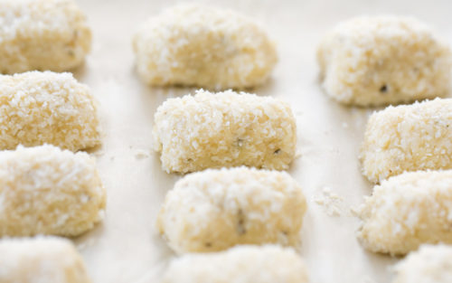 close-up photo of cauliflower tots ready to go in the oven