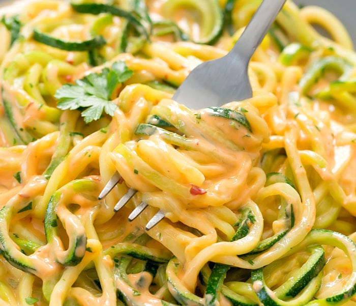 close-up photo of a Keto Bang Bang Zucchini Noodles with a fork