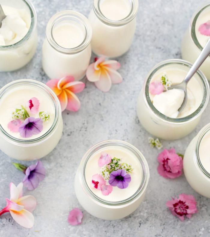 overehead photos of  jars of Japanese Milk Puddings with flour garnishes