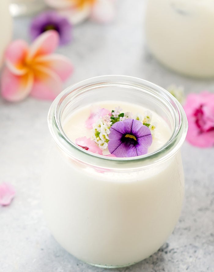 close-up photo of Japanese Milk Pudding garnishes with flowers