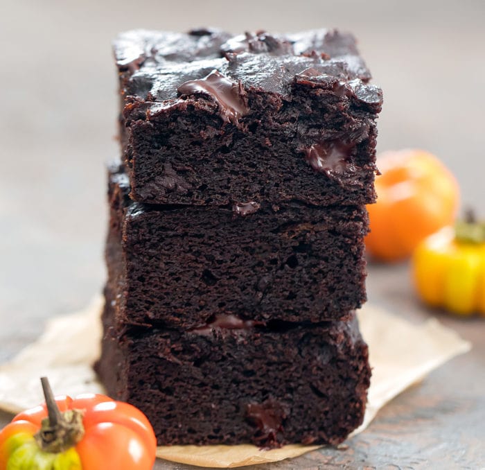 close-up photo of a stack of pumpkin brownies