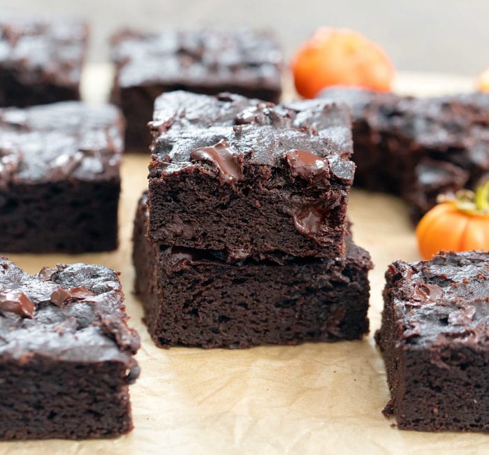 close-up photo of a stack of two Flourless Pumpkin Brownies