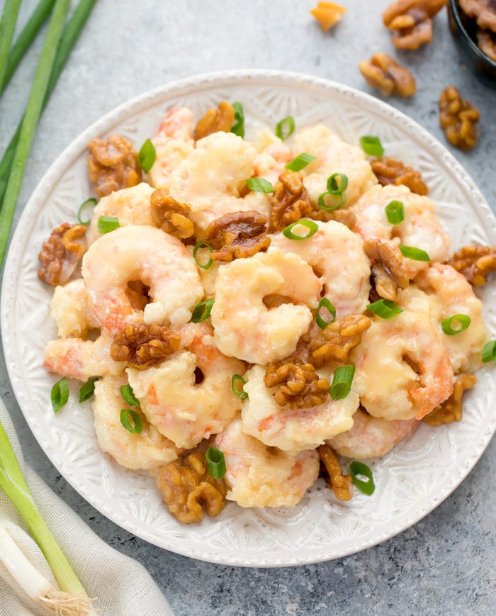 overhead photo of a plate of walnut shrimp