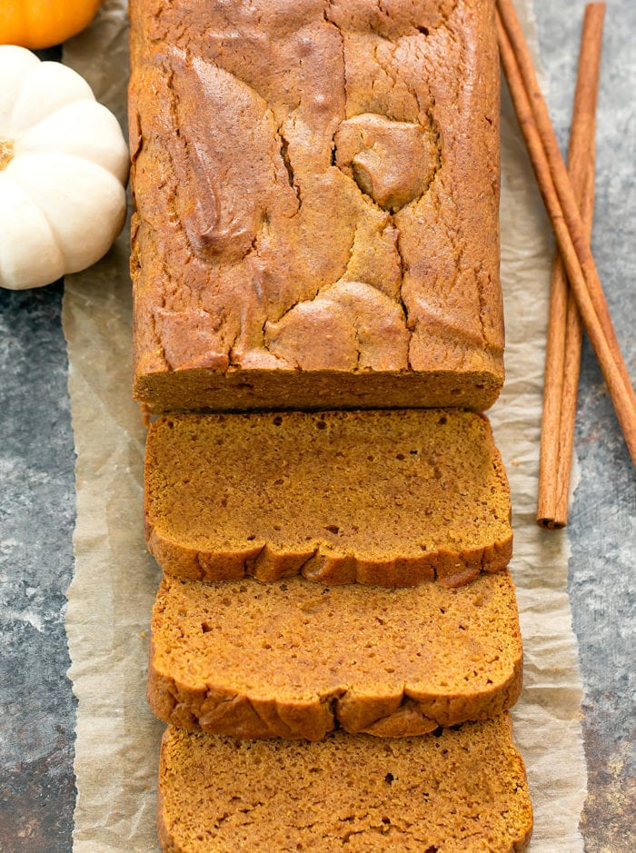 overhead photo of sliced low carb pumpkin bread