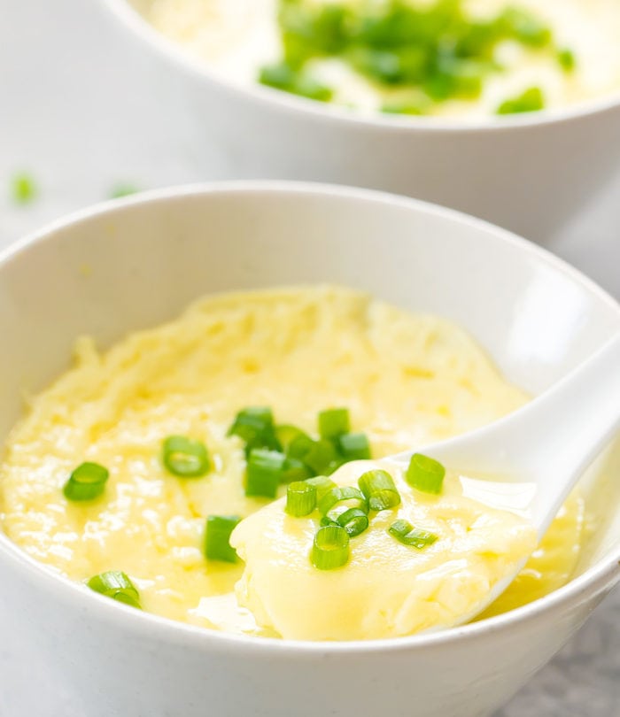 close-up photo of a spoonful of steamed eggs