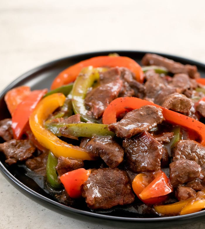 close-up photo of a plate of chinese pepper steak