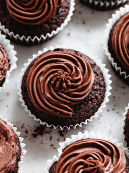 overhead photo of a chocolate cupcake