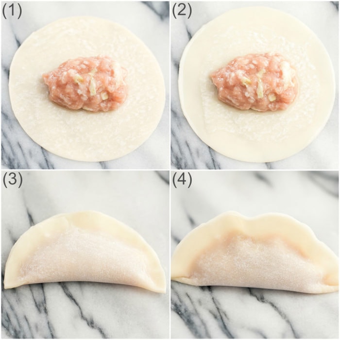 photo collage showing how to fill and wrap the dumplings