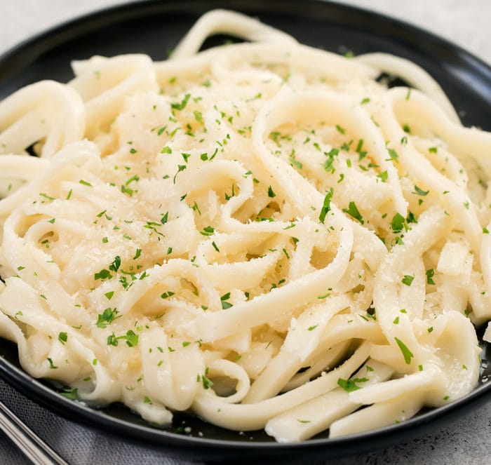 close-up photo of keto noodles with garlic butter sauce