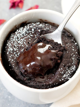 overhead photo of a keto lava mug cake