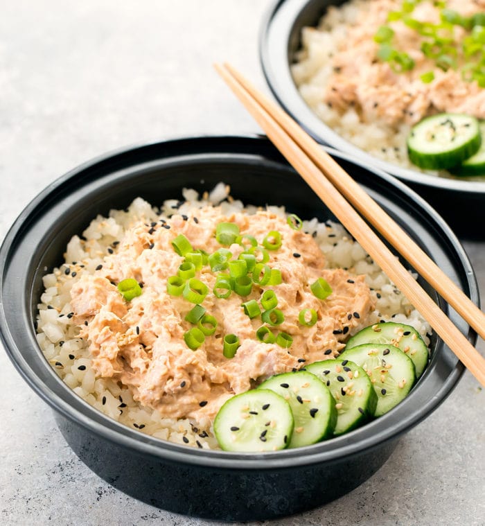 close-up photo of a tuna bowl with cauliflower rice