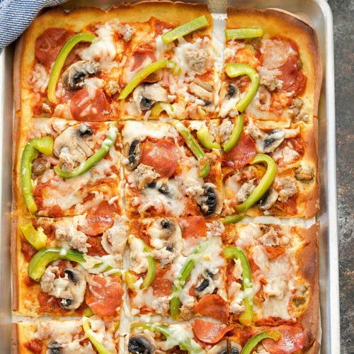 No Knead Sheet Pan Pizza recipe from Lucy Loves Food Blog