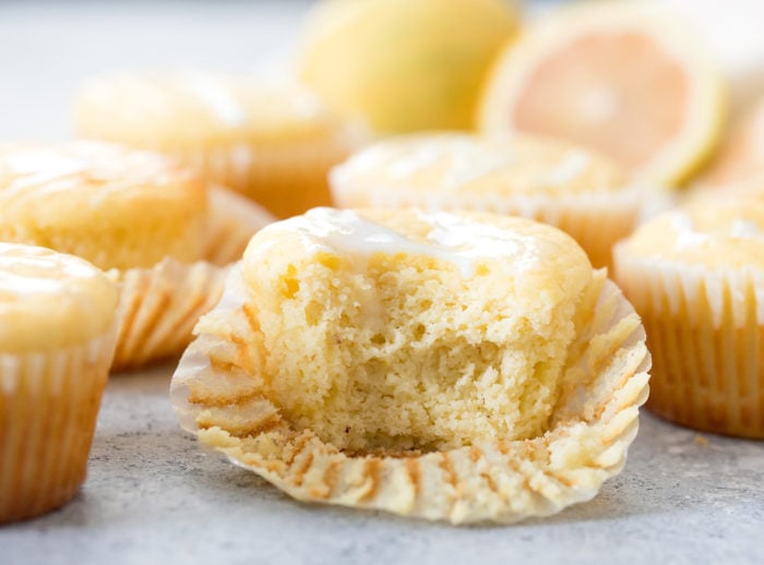 close-up photo of a lemon muffin sliced in half