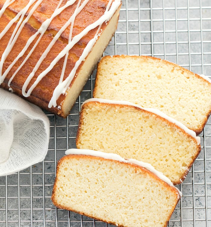 overhead photo of a slices of pound cake on a baking rack