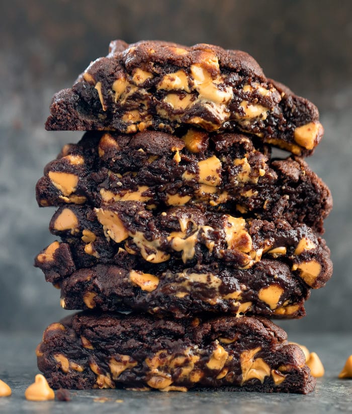 photo of a stack of chocolate peanut butter chip cookies