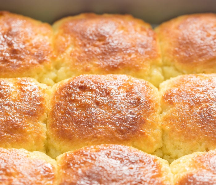 close-up photo of rolls in a baking pan
