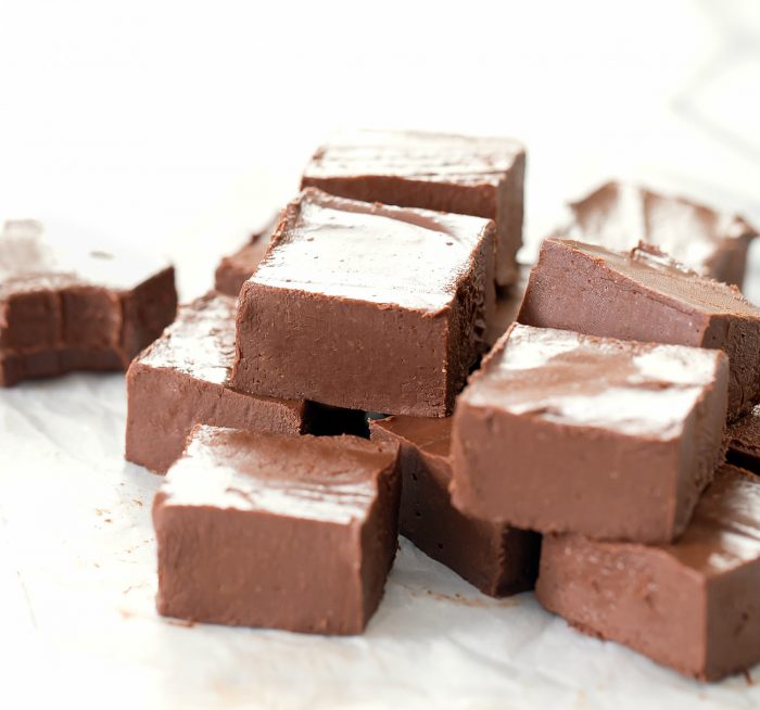 pieces of chocolate fudge stacked 