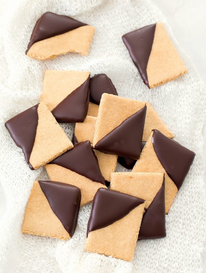 overhead shot of chocolate dipped cookies