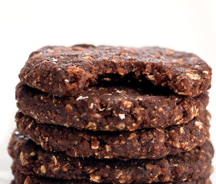 close up shot of a stack of no bake cookies without nuts.
