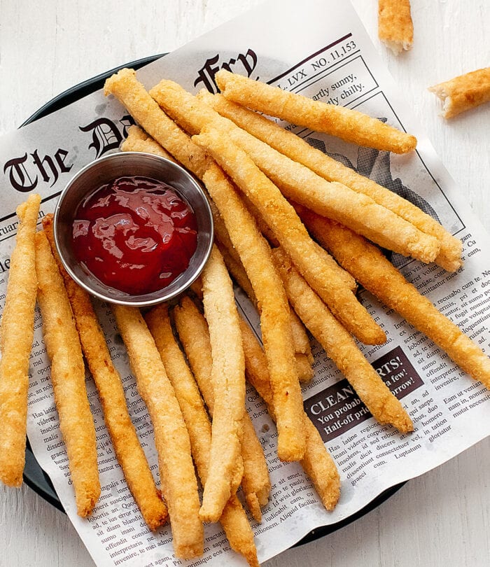 overhead photo of the fries with ketchup.
