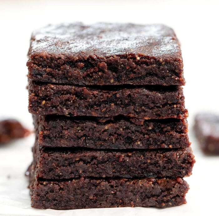 a stack of five no bake brownies.