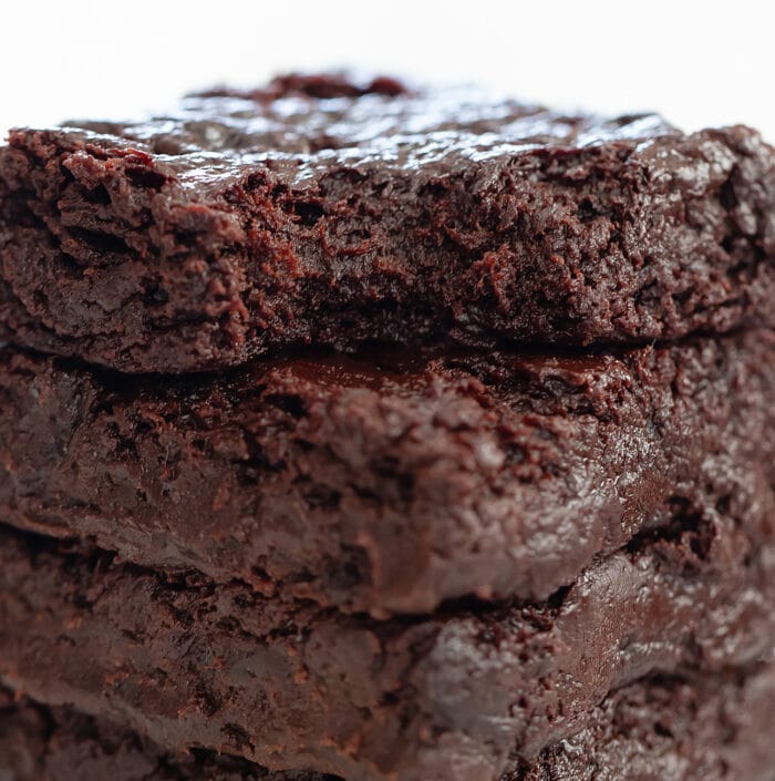 close-up of a stack of brownies.