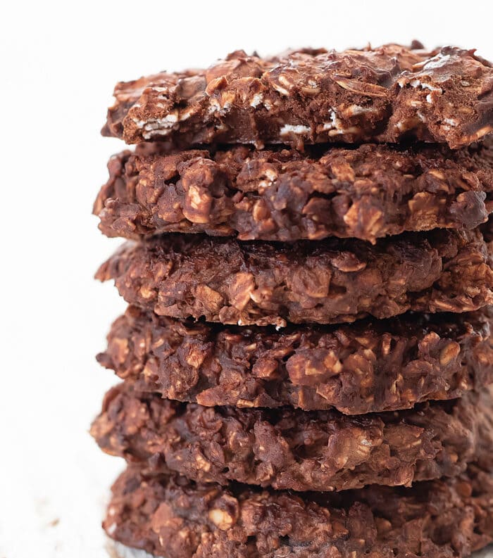 close-up shot of a stack of chocolate oatmeal cookies.