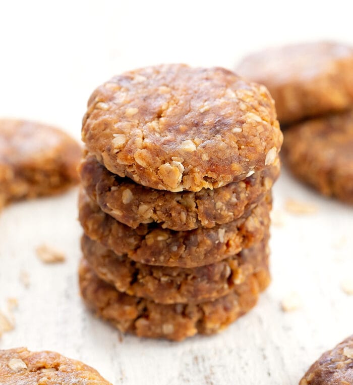 a stack of no bake peanut butter oatmeal cookies.