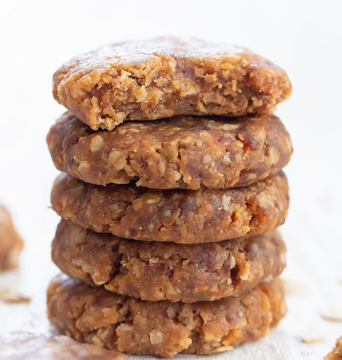 a stack of five no bake cookies.