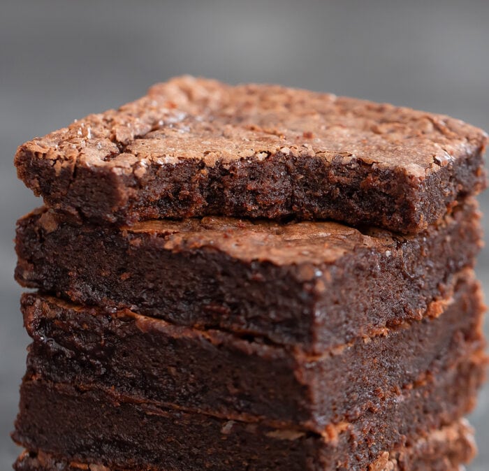 close-up shot of a stack of brownies.