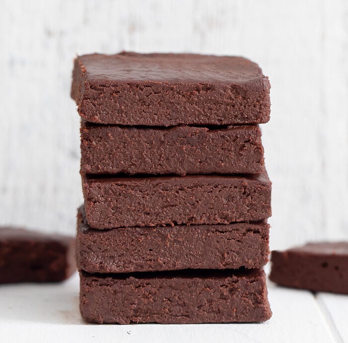 a stack of five no bake brownies.